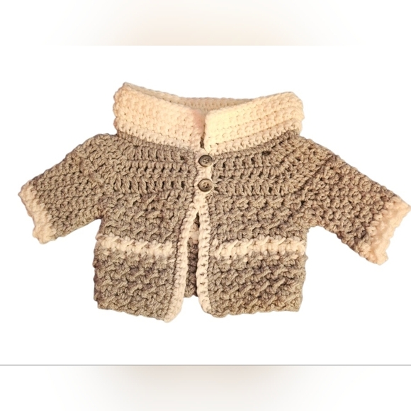 Hand Crafted Baby Sweater Hand Knit Crochet White Gray Botties Pom pom Hat 3-set - Picture 9 of 17